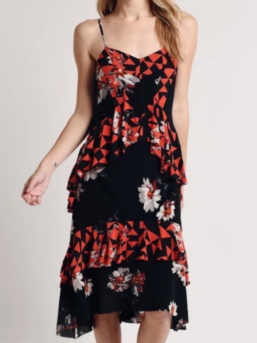 Joie Ronelle Black Red Thin Floral Adjustable Straps Tiered Ruffles Dress 6